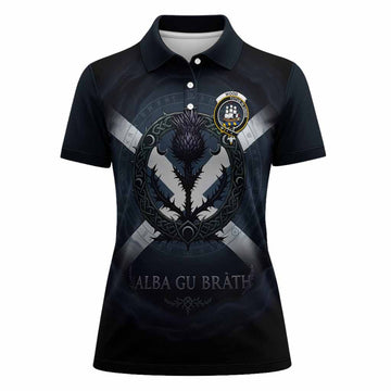 Wood Clan Crest Women Polo Shirt with Celtic Knot Thistle and Saltire