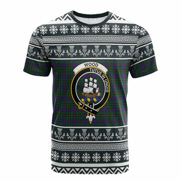Wood Clan Tartan Christmas Cotton T-shirt with Family Crest