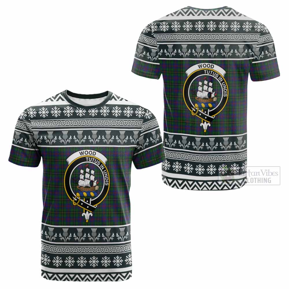 Wood Clan Tartan Christmas Cotton T-shirt with Family Crest - Tartan Vibes Clothing