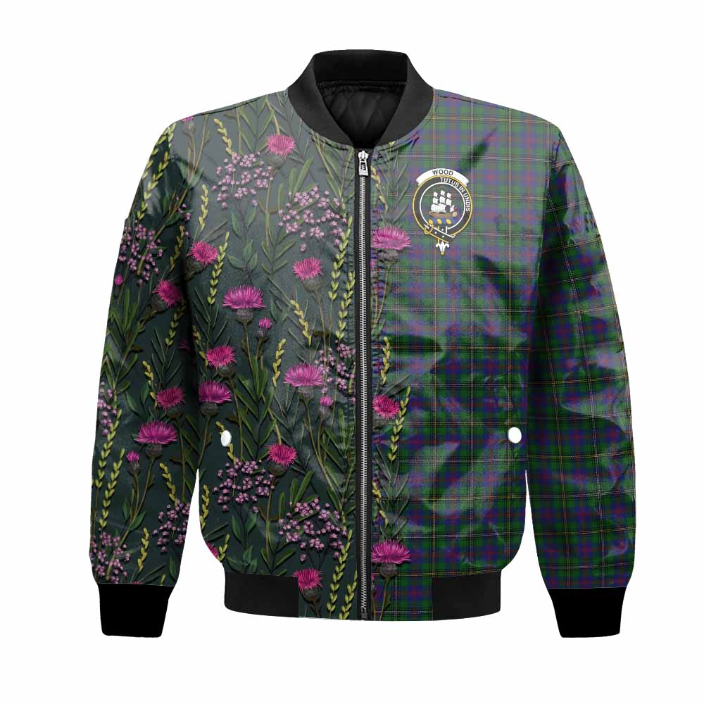 Wood Family Crest Tartan Bomber Jacket Scottish Thistle Flower Pattern Half Style - Tartan Vibes Clothing