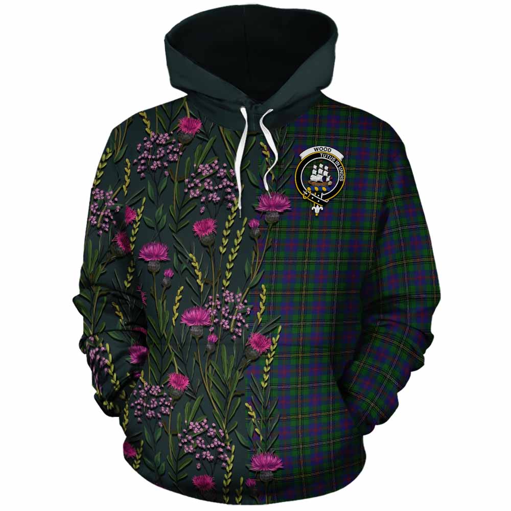 Wood Family Crest Tartan Cotton Hoodie Scottish Thistle Flower Pattern Half Style - Tartan Vibes Clothing
