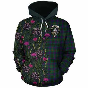Wood Family Crest Tartan Cotton Hoodie Scottish Thistle Flower Pattern Half Style