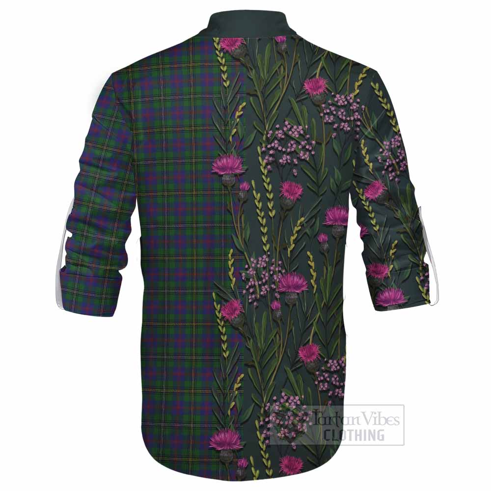 Wood Family Crest Tartan Ghillie Shirt Scottish Thistle Flower Pattern Half Style - Tartan Vibes Clothing