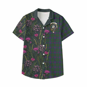 Wood Family Crest Tartan Kid Hawaiian Shirt Scottish Thistle Flower Pattern Half Style - Tartan Vibes Clothing