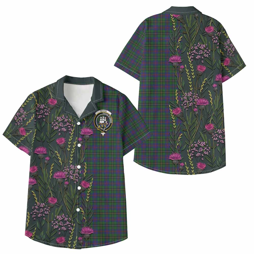 Wood Family Crest Tartan Kid Hawaiian Shirt Scottish Thistle Flower Pattern Half Style - Tartan Vibes Clothing