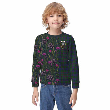Wood Family Crest Tartan Kid Knitted Sweatshirt Scottish Thistle Flower Pattern Half Style - Tartan Vibes Clothing