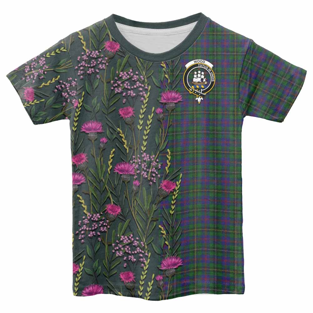 Wood Family Crest Tartan Kid T-shirt Scottish Thistle Flower Pattern Half Style - Tartan Vibes Clothing
