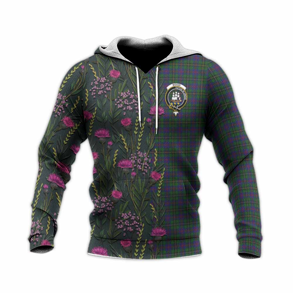 Wood Family Crest Tartan Knitted Hoodie Scottish Thistle Flower Pattern Half Style - Tartan Vibes Clothing