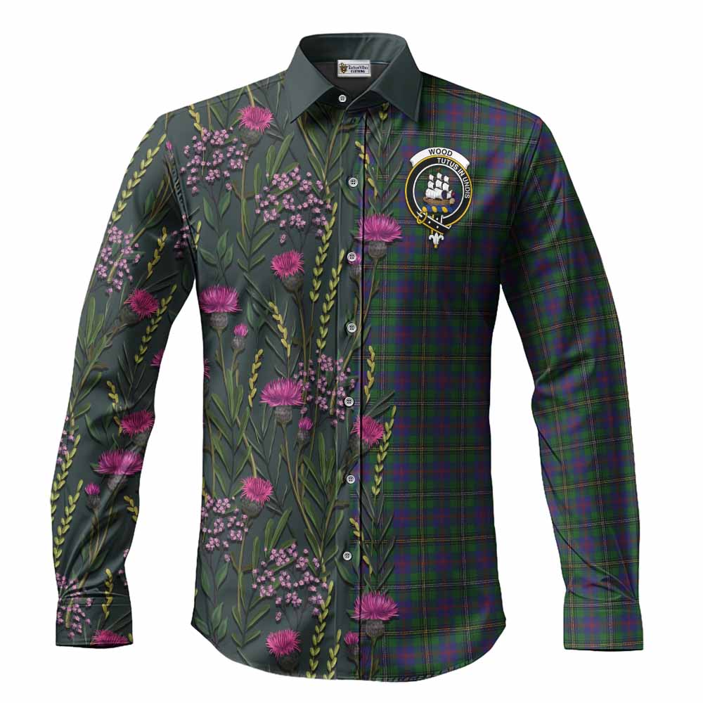 Wood Family Crest Tartan Long Sleeve Button Shirts Scottish Thistle Flower Pattern Half Style - Tartan Vibes Clothing