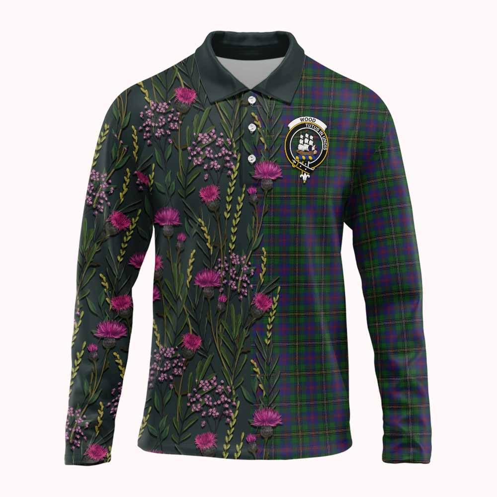 Wood Family Crest Tartan Long Sleeve Polo Shirt Scottish Thistle Flower Pattern Half Style - Tartan Vibes Clothing