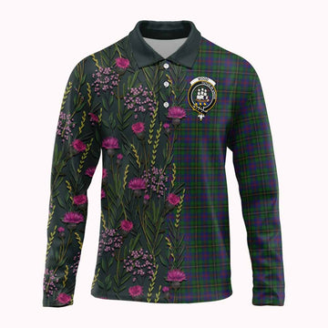 Wood Family Crest Tartan Long Sleeve Polo Shirt Scottish Thistle Flower Pattern Half Style - Tartan Vibes Clothing