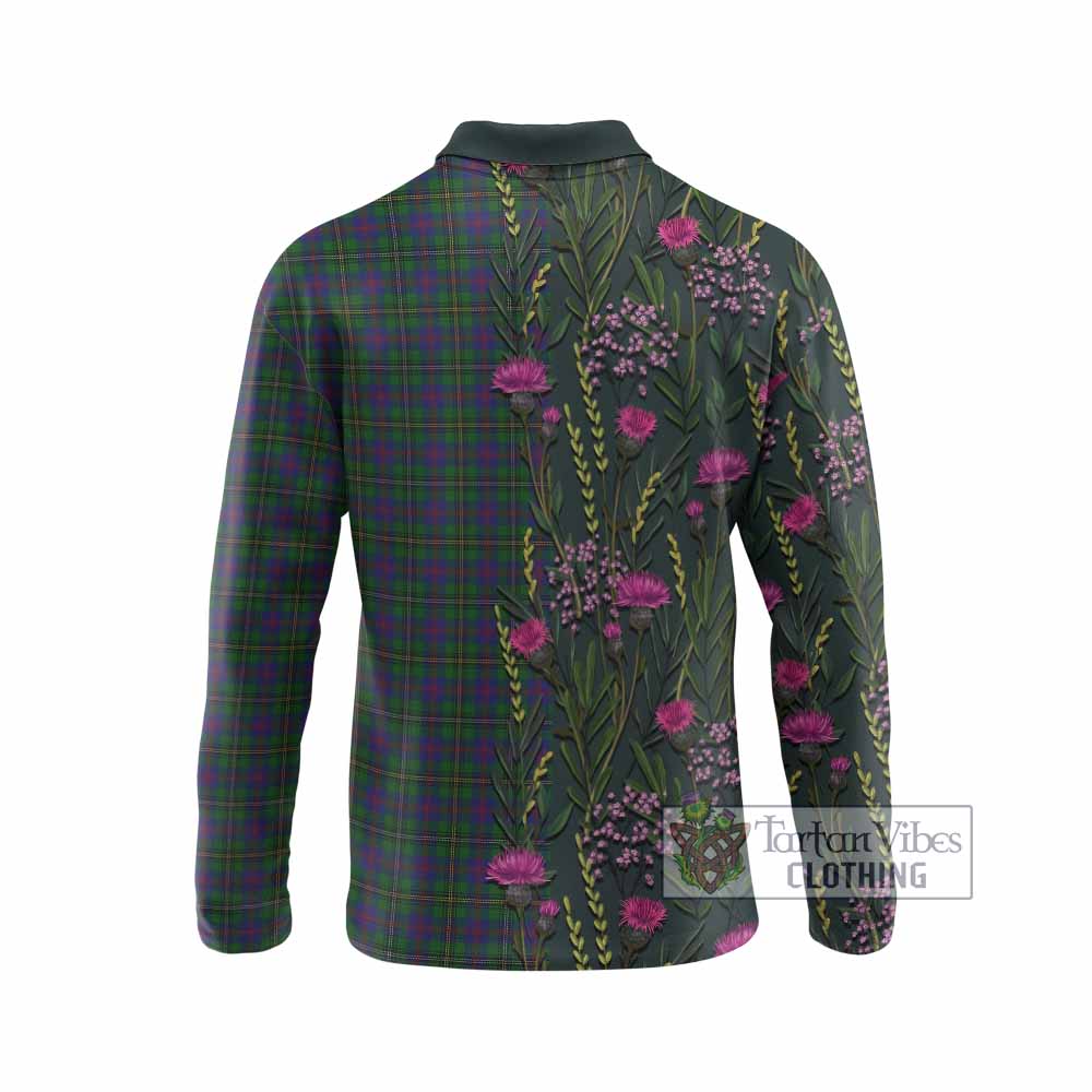 Wood Family Crest Tartan Long Sleeve Polo Shirt Scottish Thistle Flower Pattern Half Style - Tartan Vibes Clothing