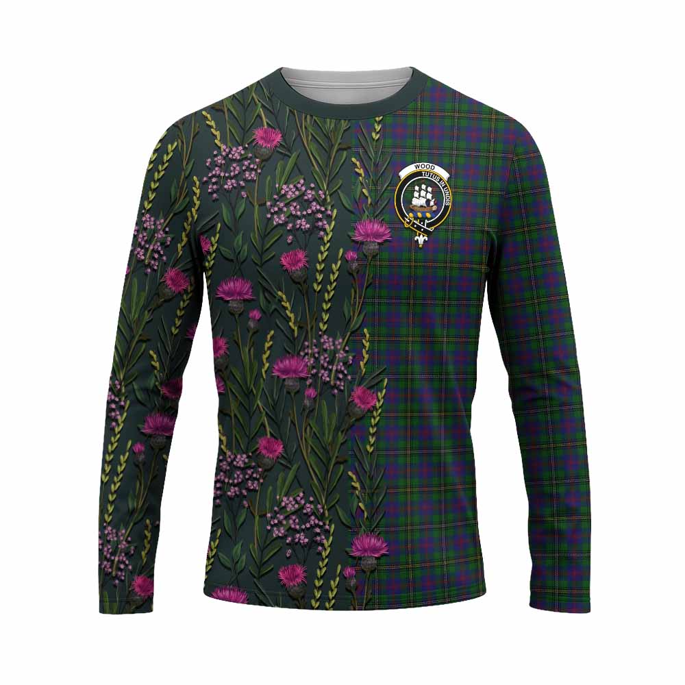 Wood Family Crest Tartan Long Sleeve T-Shirt Scottish Thistle Flower Pattern Half Style - Tartan Vibes Clothing