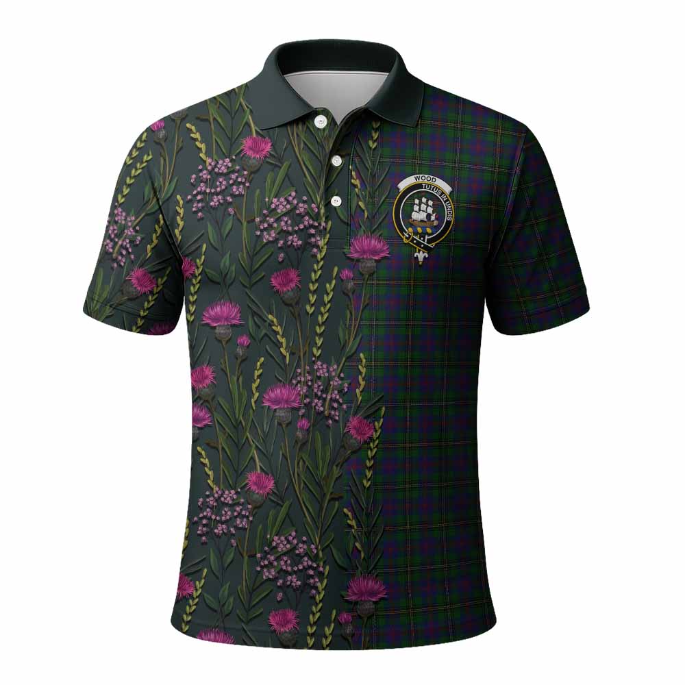 Wood Family Crest Tartan Polo Shirt Scottish Thistle Flower Pattern Half Style - Tartan Vibes Clothing