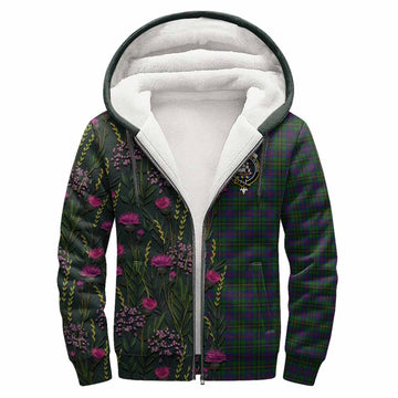 Wood Family Crest Tartan Sherpa Hoodie Scottish Thistle Flower Pattern Half Style