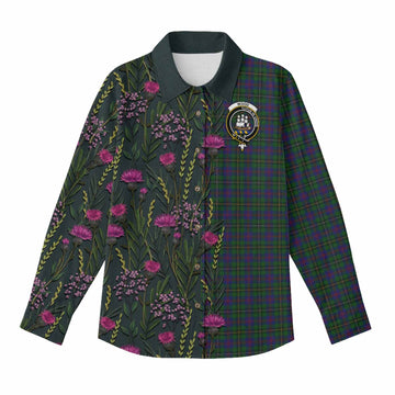 Wood Family Crest Tartan Women Casual Shirt Scottish Thistle Flower Pattern Half Style