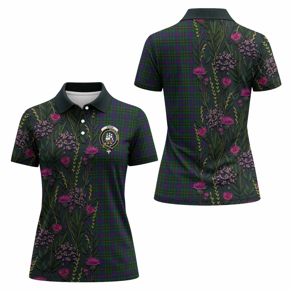 Wood Family Crest Tartan Women Polo Shirt Scottish Thistle Flower Pattern Half Style - Tartan Vibes Clothing
