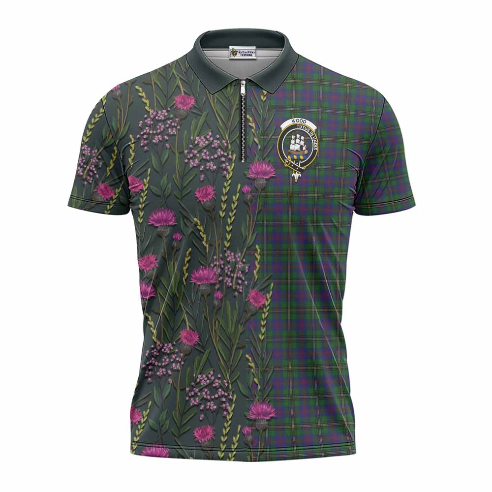 Wood Family Crest Tartan Zipper Polo Shirt Scottish Thistle Flower Pattern Half Style - Tartan Vibes Clothing