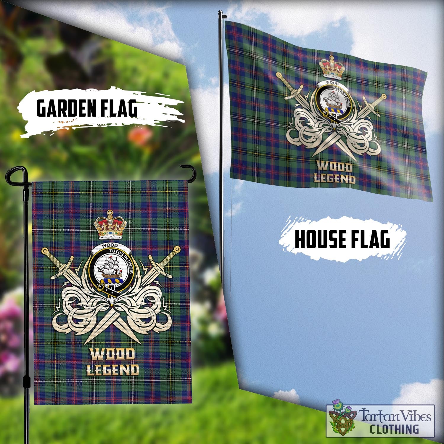 Tartan Vibes Clothing Wood Modern Tartan Flag with Clan Crest and the Golden Sword of Courageous Legacy