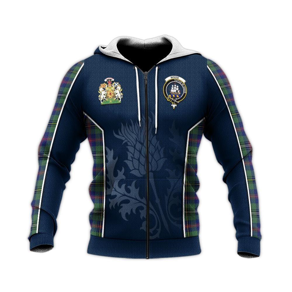 Tartan Vibes Clothing Wood Modern Tartan Knitted Hoodie with Family Crest and Scottish Thistle Vibes Sport Style