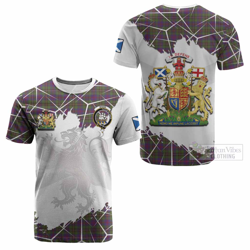Wood Tartan Cotton T-shirt with Family Crest and Lion Rampant Grunge Style