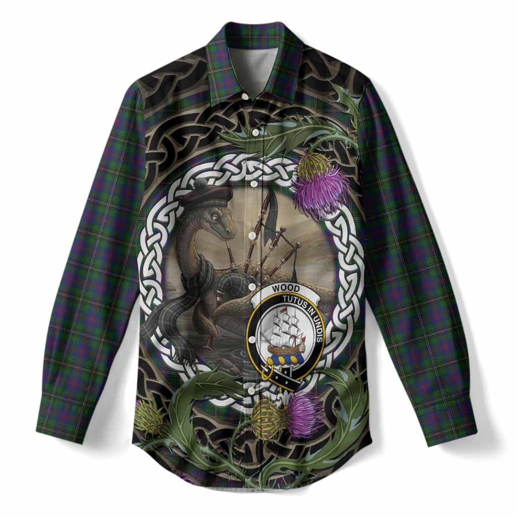 Wood Tartan Crest Bagpipe Nessie Women Casual Shirt Scottish Loch Ness Monster Celtic Thistle