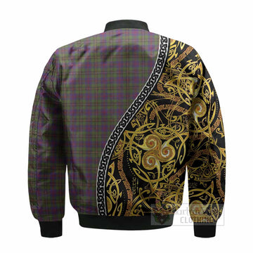 Wood Tartan Crest Bomber Jacket Celtic Knot and Triple Trickle Spiral Symbols