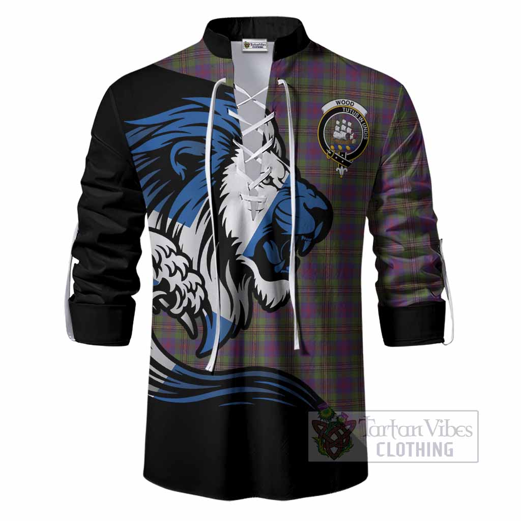 Wood Tartan Crest Ghillie Shirt Scottish Golden Lions Wave Flow