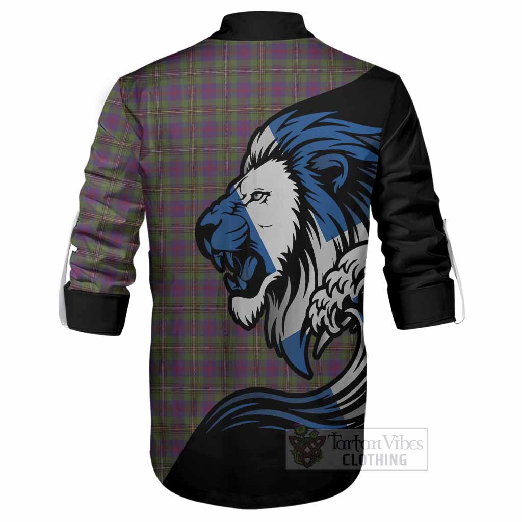 Wood Tartan Crest Ghillie Shirt Scottish Golden Lions Wave Flow