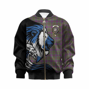 Wood Tartan Crest Kid Bomber Jacket Scottish Golden Lions Wave Flow