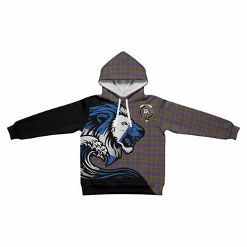 Wood Tartan Crest Kid Hoodie Scottish Golden Lions Wave Flow