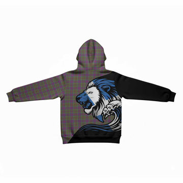 Wood Tartan Crest Kid Hoodie Scottish Golden Lions Wave Flow
