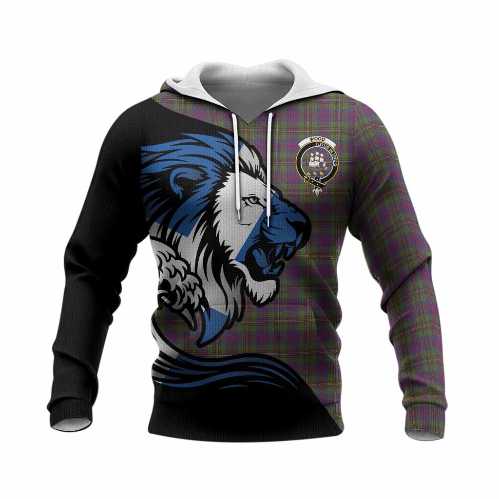 Wood Tartan Crest Knitted Hoodie Scottish Golden Lions Wave Flow