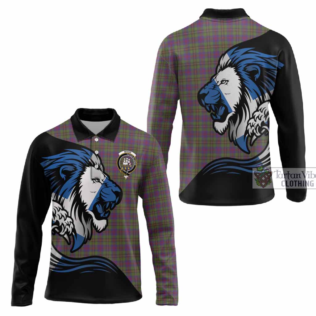 Wood Tartan Crest Long Sleeve Polo Shirt Scottish Golden Lions Wave Flow