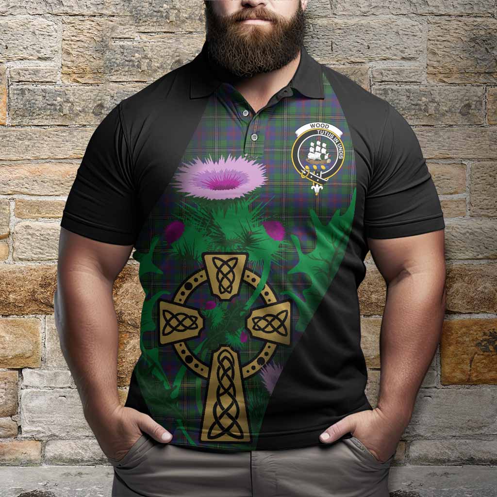 Wood Tartan Crest Polo Shirt Celtic Cross Thistle Flowers