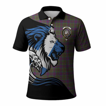 Wood Tartan Crest Polo Shirt Scottish Golden Lions Wave Flow