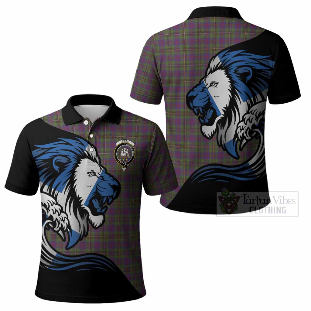 Wood Tartan Crest Polo Shirt Scottish Golden Lions Wave Flow