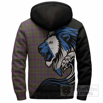 Wood Tartan Crest Sherpa Hoodie Scottish Golden Lions Wave Flow