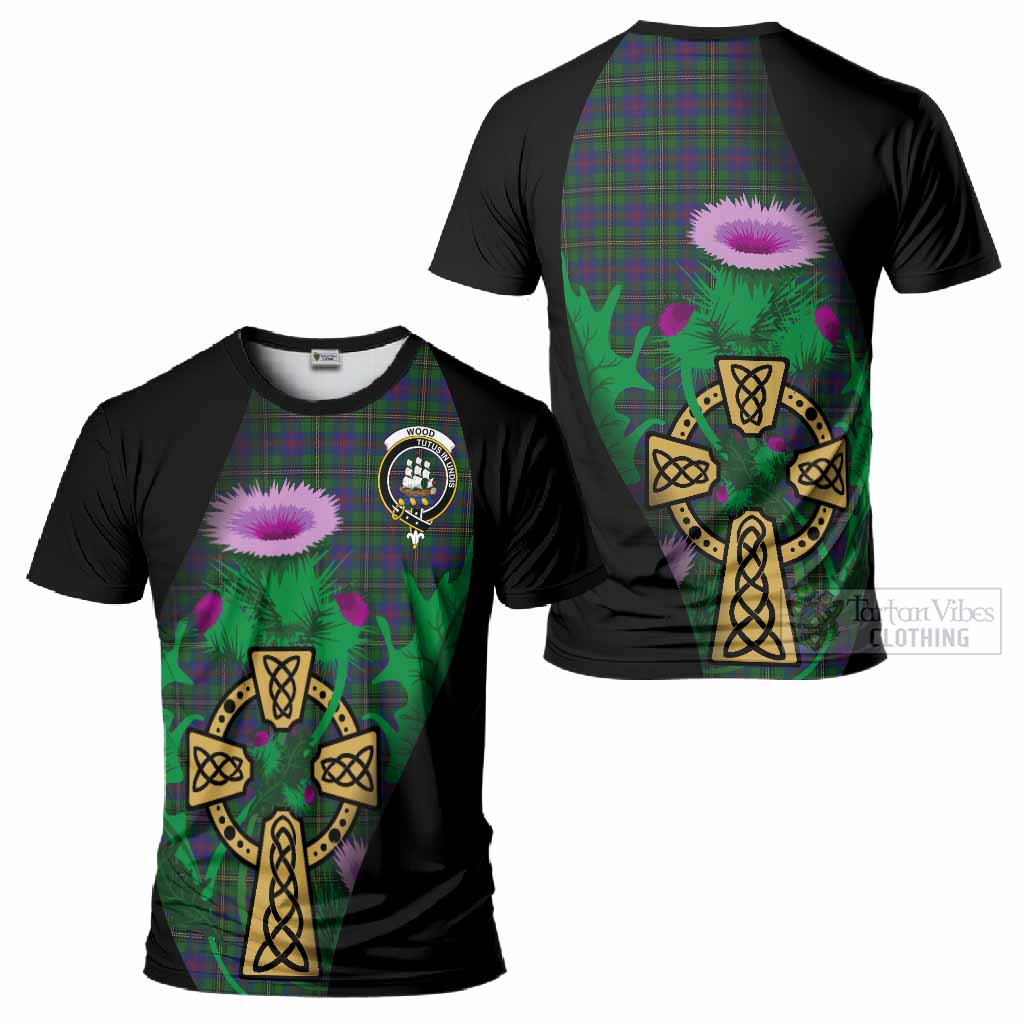 Wood Tartan Crest T-Shirt Celtic Cross Thistle Flowers