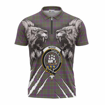 Wood Tartan Crest Zipper Polo Shirt Ferocious Lion Style