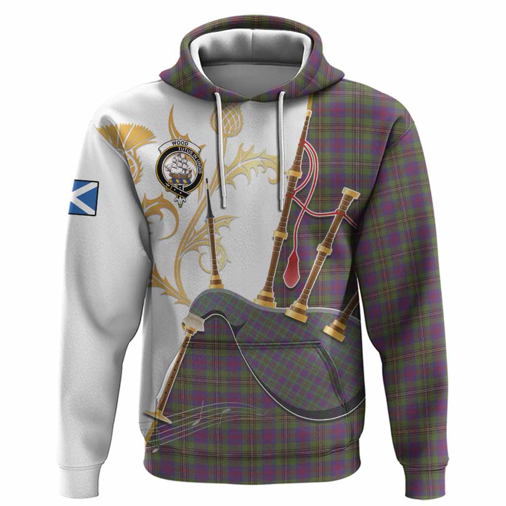 Wood Tartan Family Crest Hoodie Bagpipes with Scottish Thistle