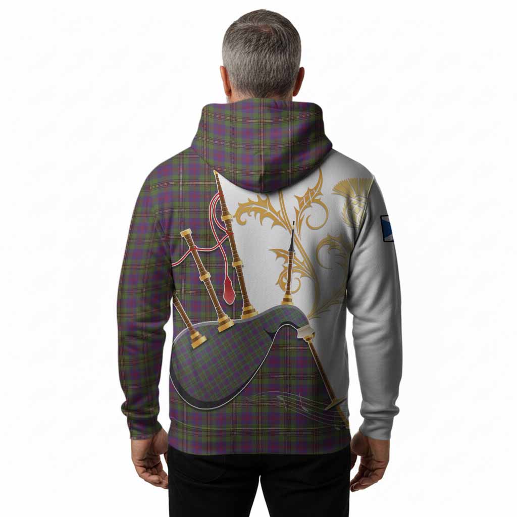 Wood Tartan Family Crest Hoodie Bagpipes with Scottish Thistle