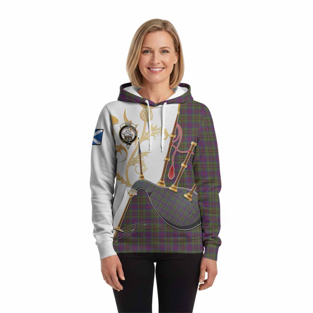Wood Tartan Family Crest Hoodie Bagpipes with Scottish Thistle