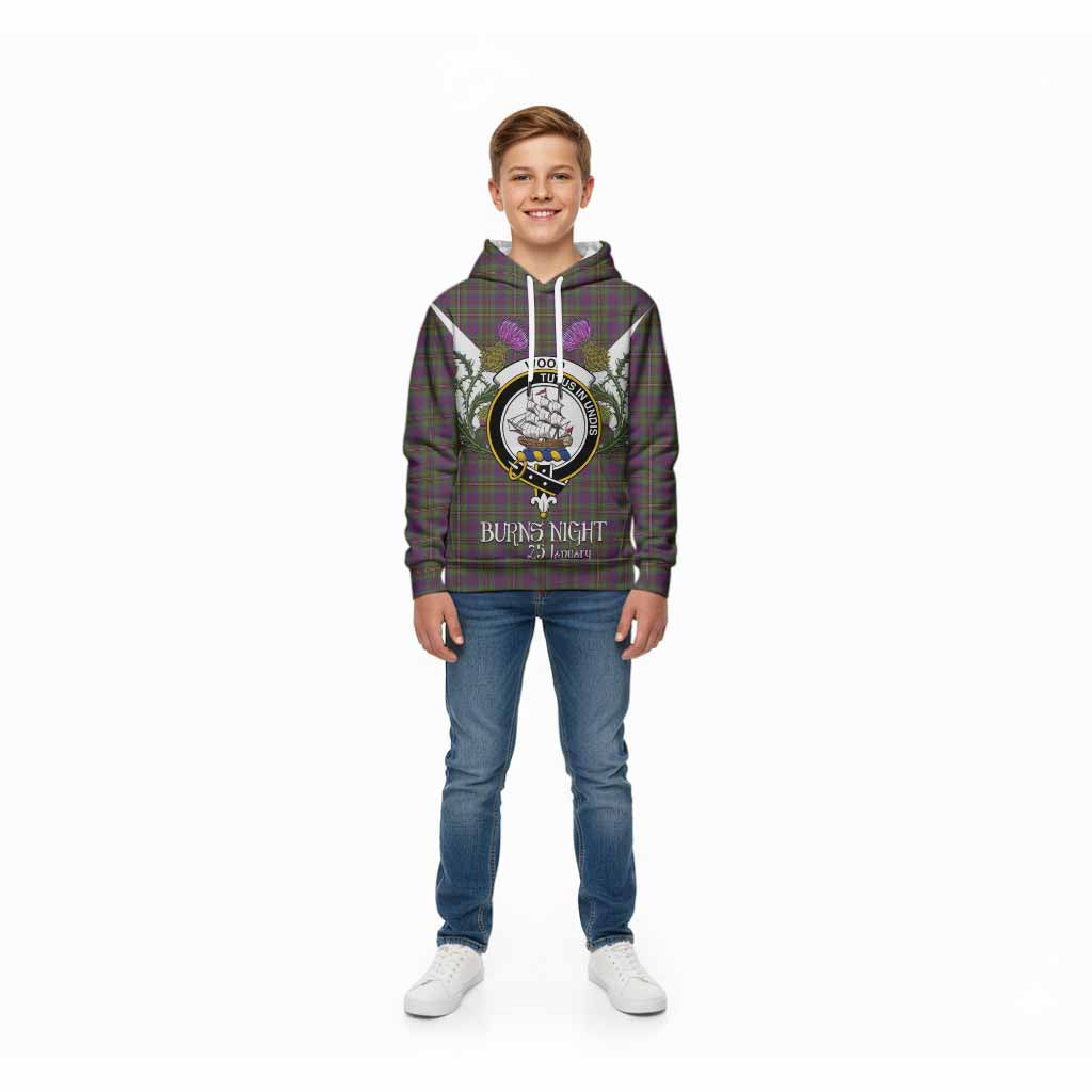 Wood Tartan Family Crest Kid Hoodie Scottish Burns Night Thistle Floral