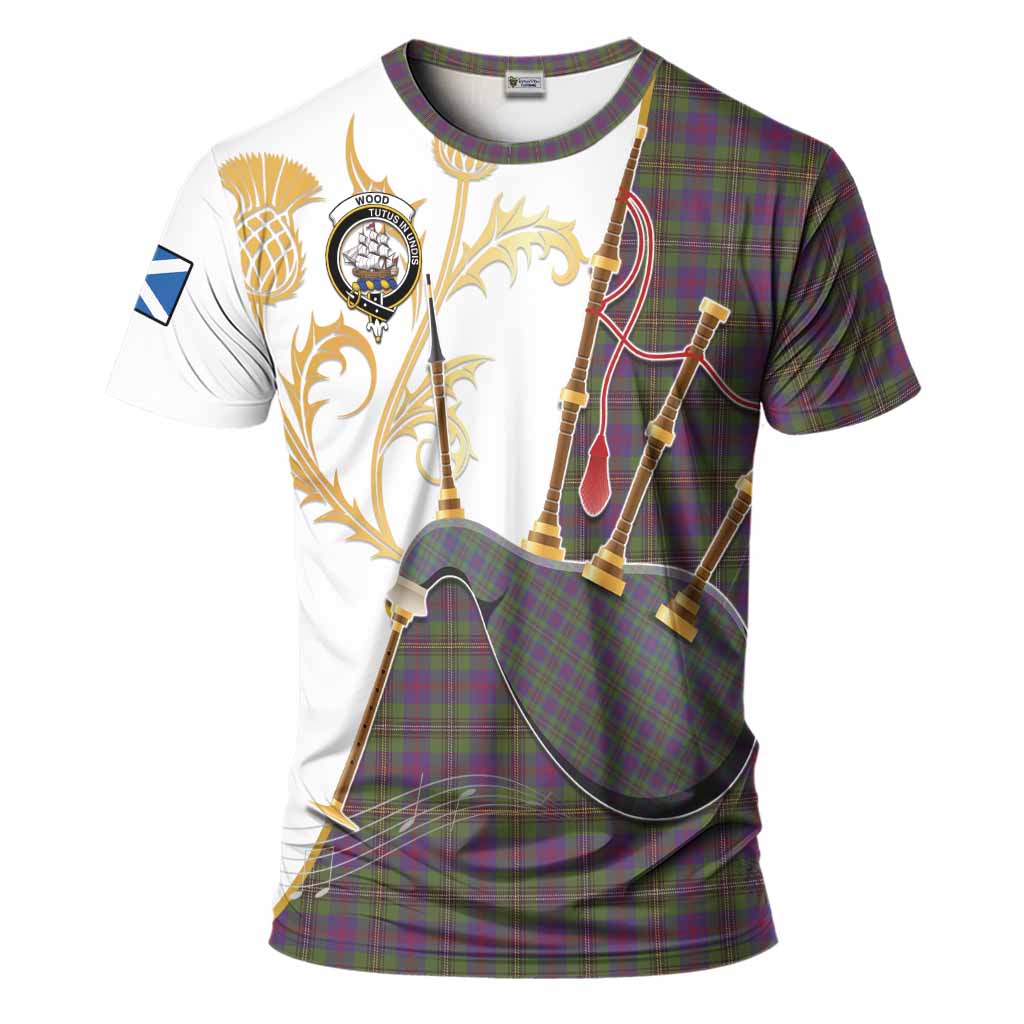 Wood Tartan Family Crest T-Shirt Bagpipes with Scottish Thistle