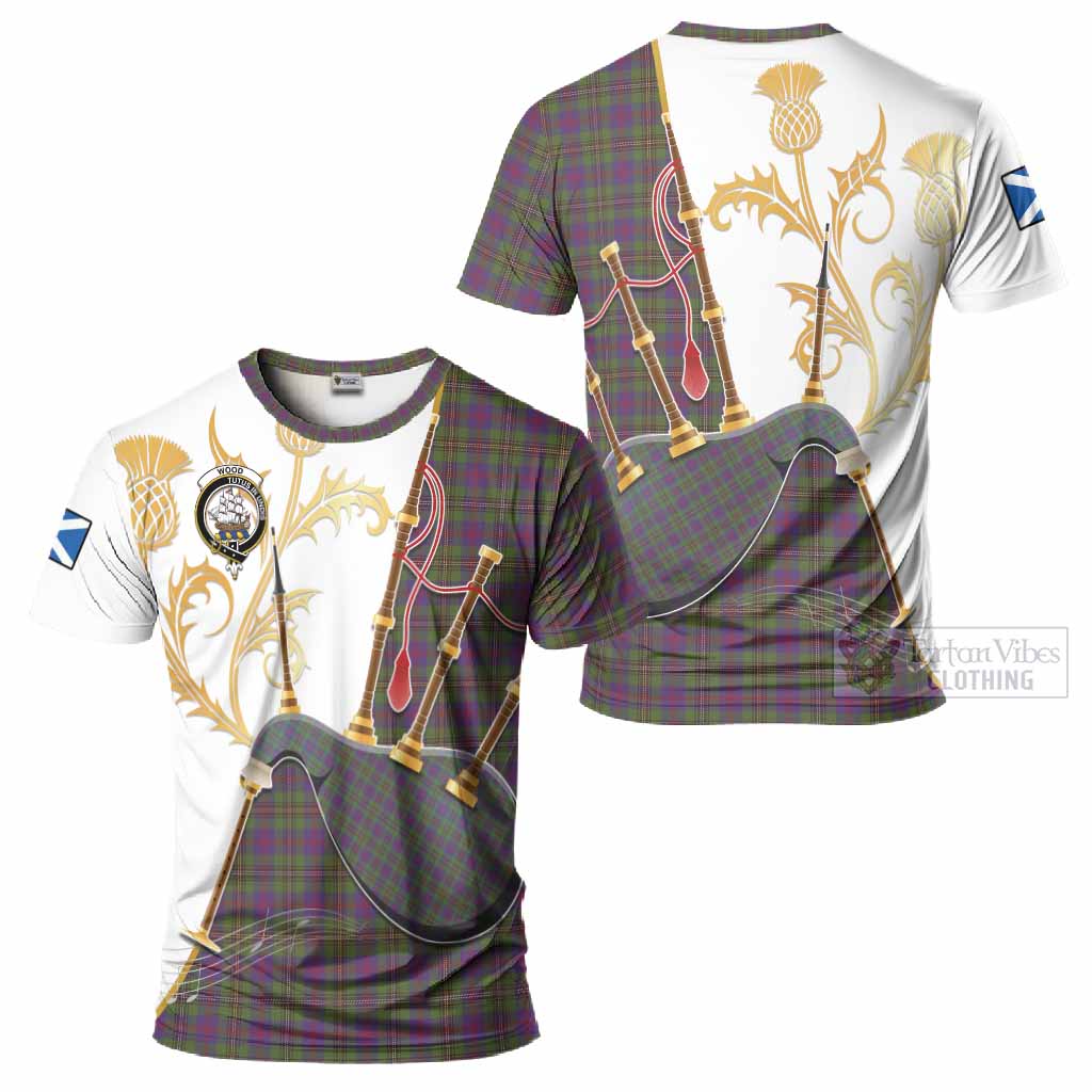 Wood Tartan Family Crest T-Shirt Bagpipes with Scottish Thistle