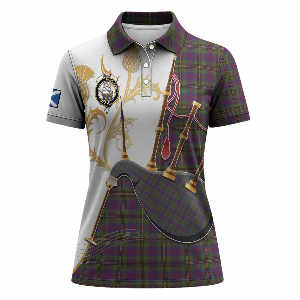 Wood Tartan Family Crest Women Polo Shirt Bagpipes with Scottish Thistle