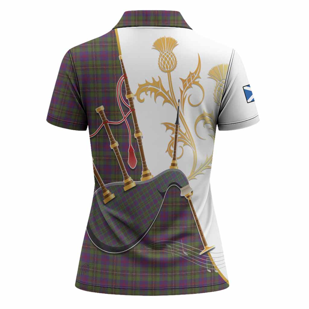 Wood Tartan Family Crest Women Polo Shirt Bagpipes with Scottish Thistle