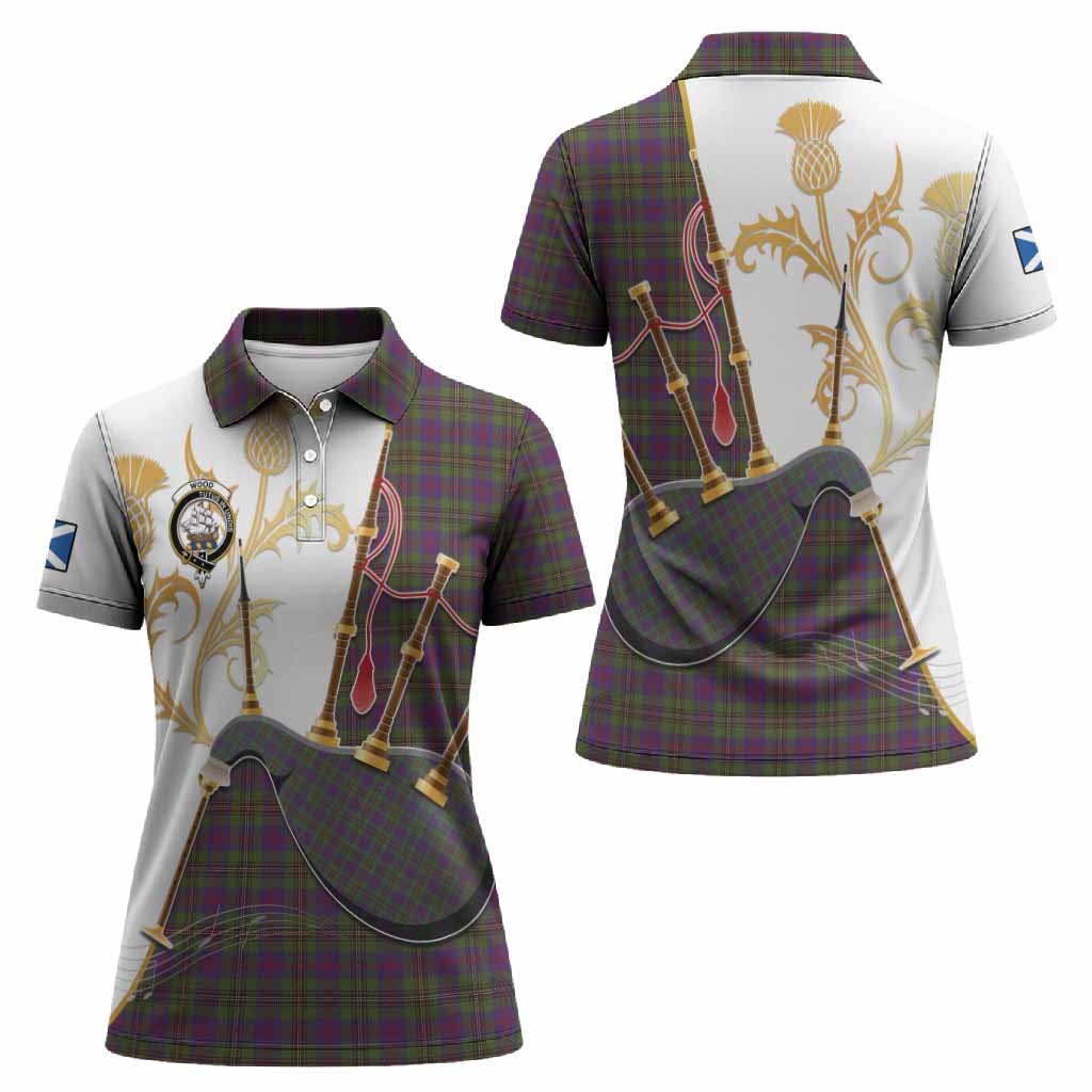 Wood Tartan Family Crest Women Polo Shirt Bagpipes with Scottish Thistle