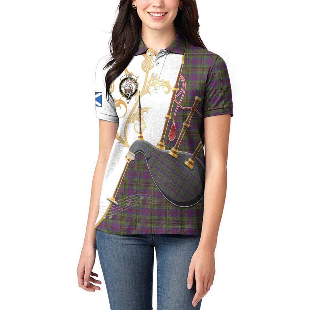 Wood Tartan Family Crest Women Polo Shirt Bagpipes with Scottish Thistle